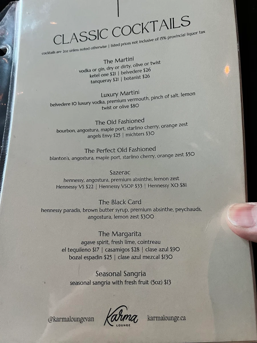 Menu, Karma Lounge