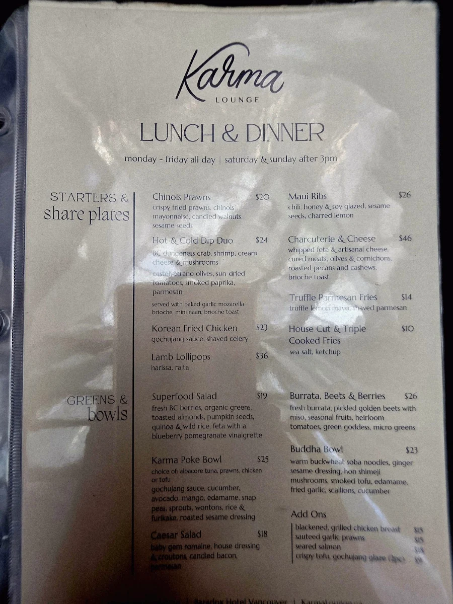 Menu, Karma Lounge