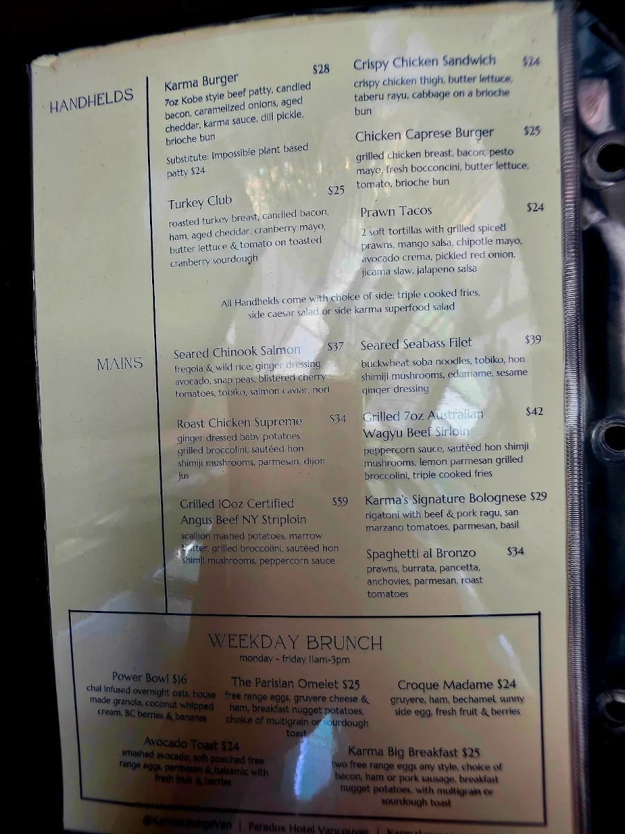 Menu, Karma Lounge