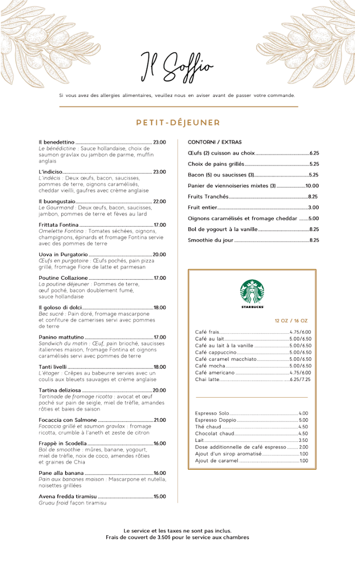 Menu, Il Soffio Restaurant Bar