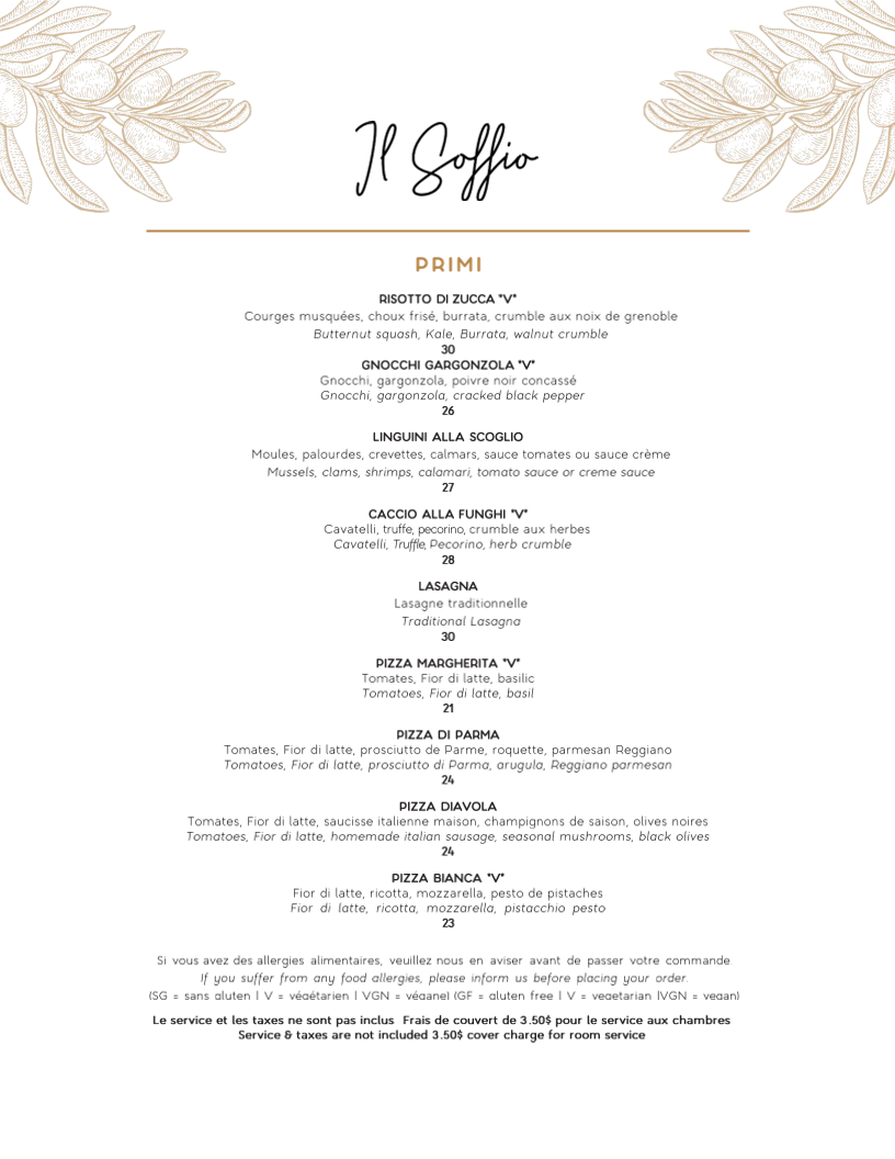 Menu, Il Soffio Restaurant Bar