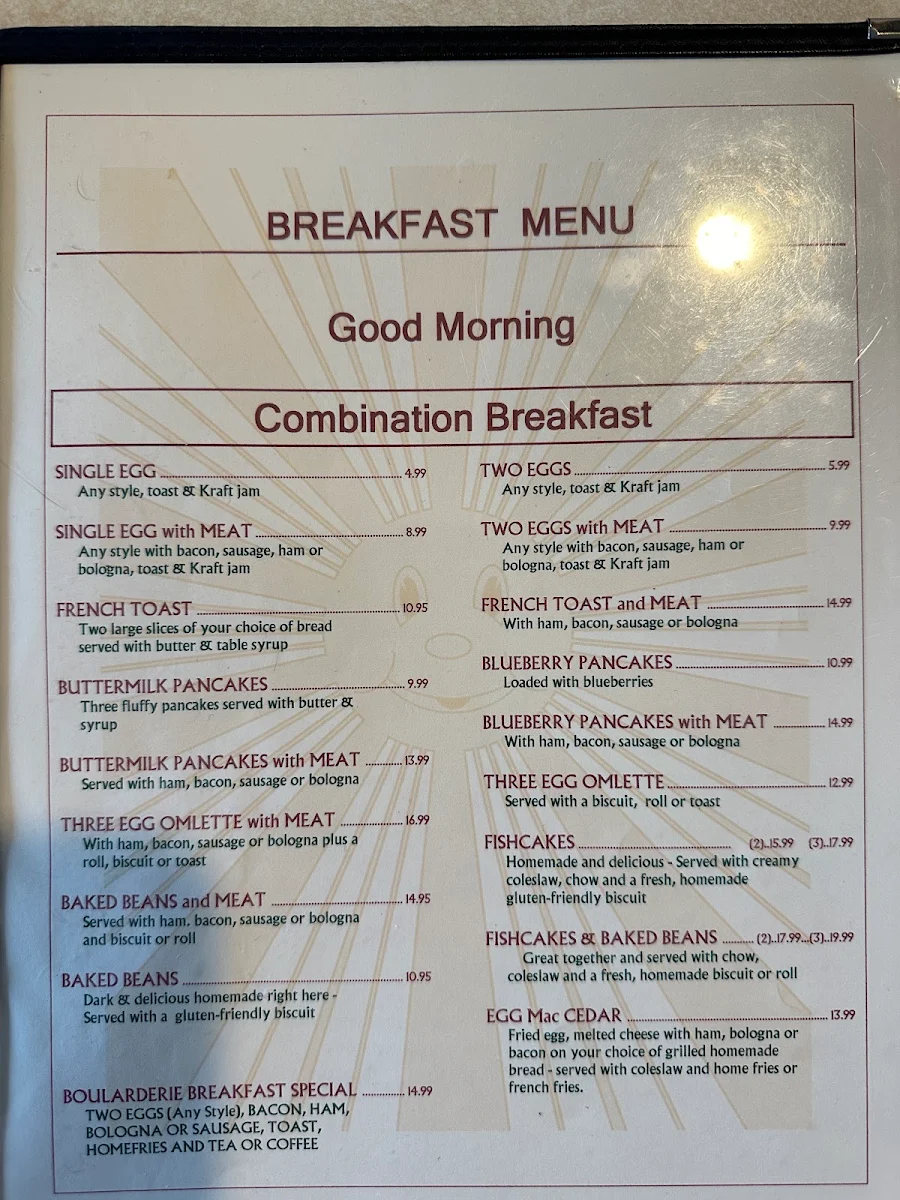 Menu, Cedar House Bakery & Restaurant