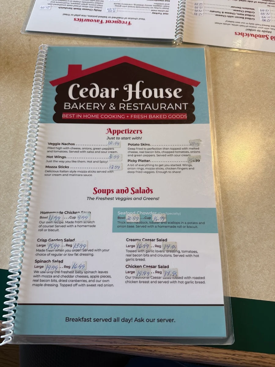 Menu, Cedar House Bakery & Restaurant