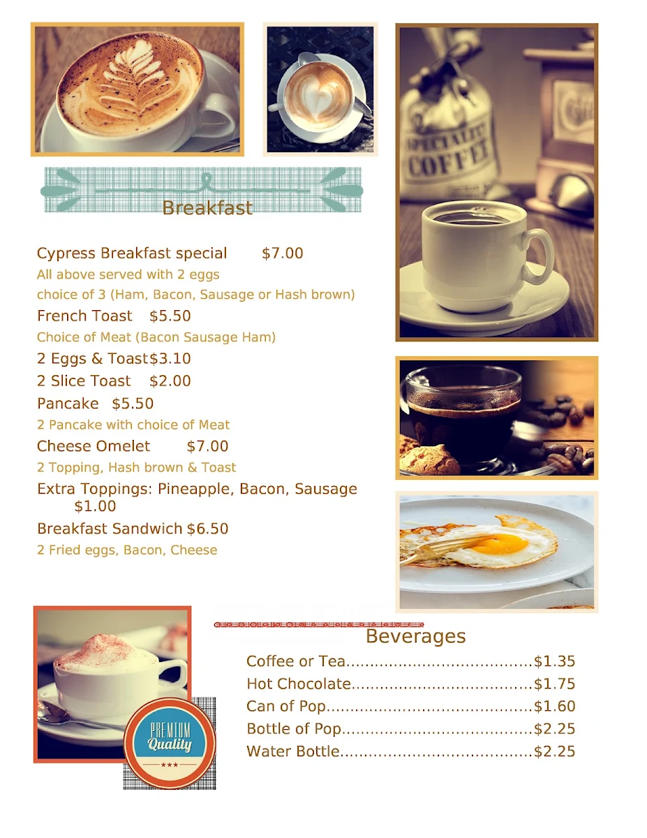 Menu, Cypress Motor Inn