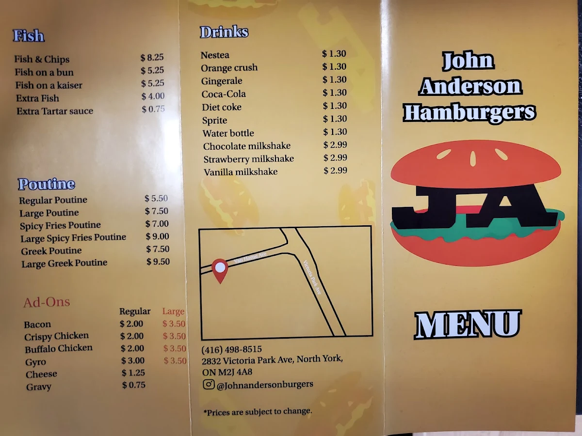 Menu, John Anderson's Hamburgers