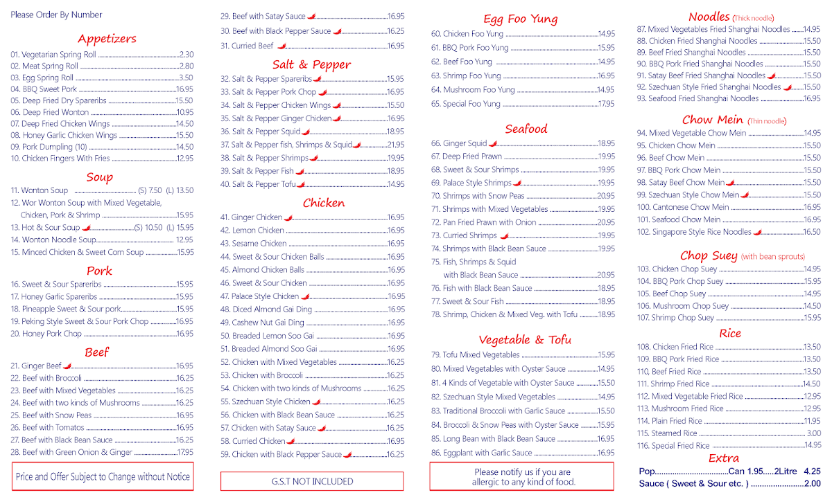 Menu, Bridlewood Chinese Cuisine