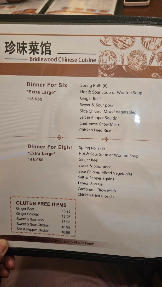 Menu, Bridlewood Chinese Cuisine