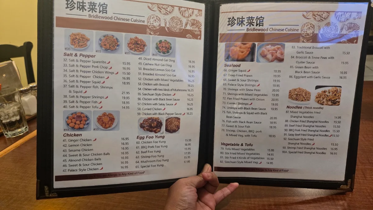 Menu, Bridlewood Chinese Cuisine