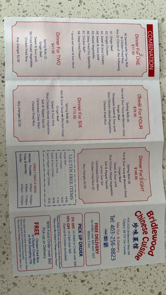 Menu, Bridlewood Chinese Cuisine