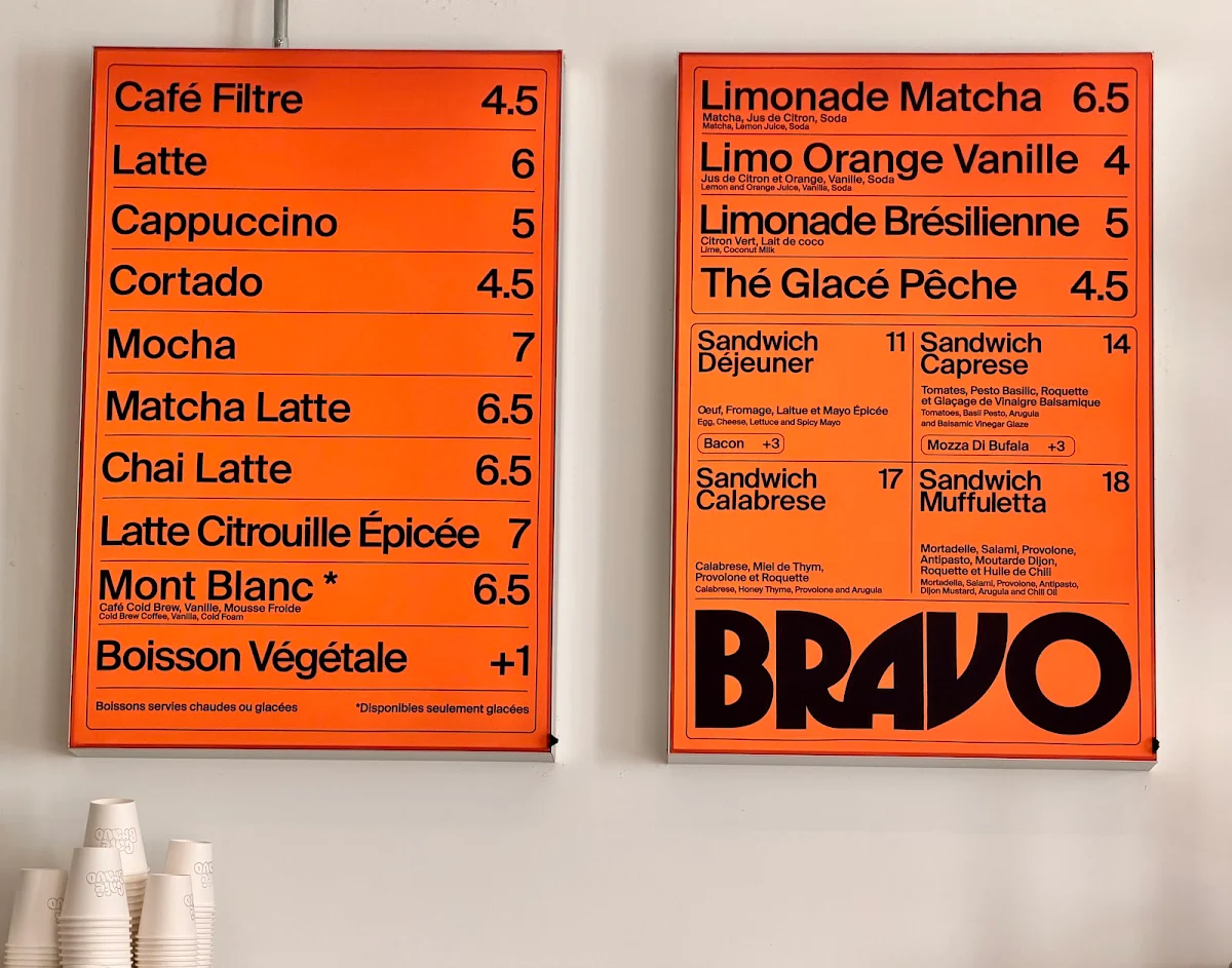 Menu, Café Bravo