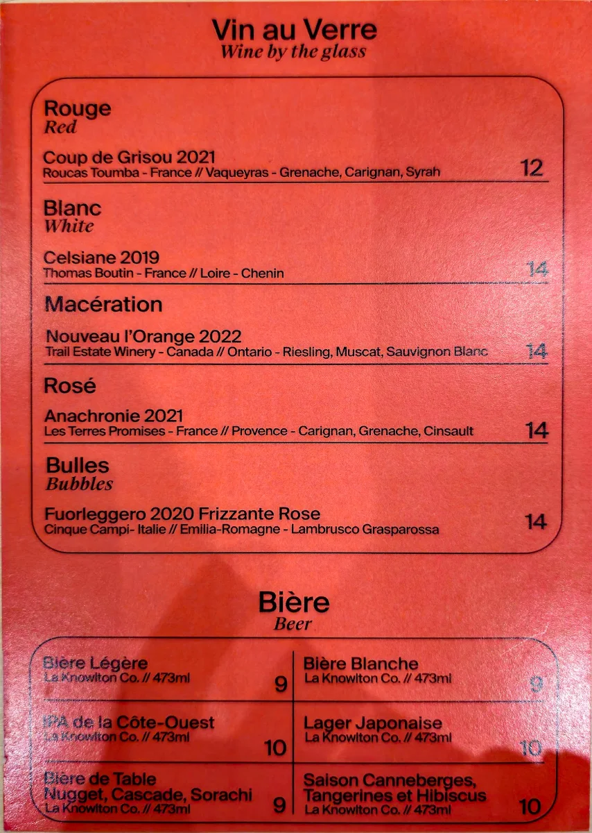 Menu, Café Bravo
