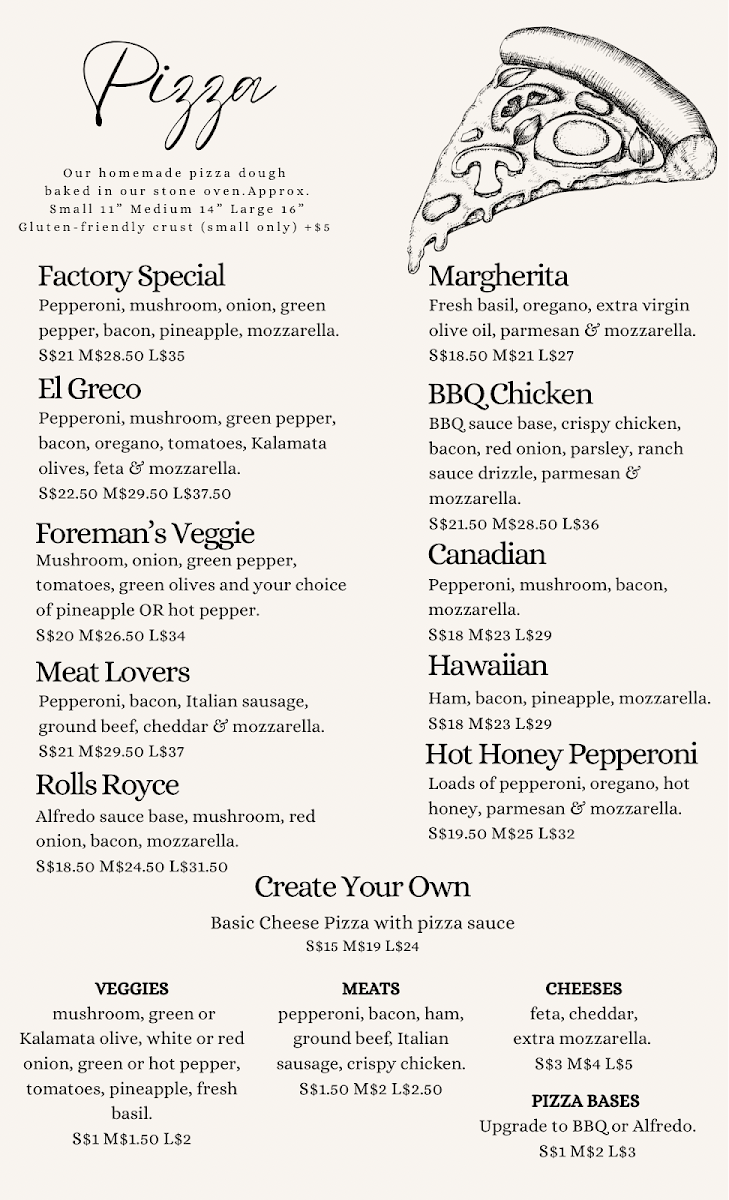 Menu, The Pizza Factory
