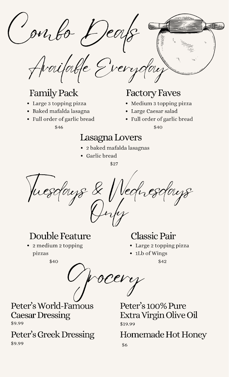 Menu, The Pizza Factory