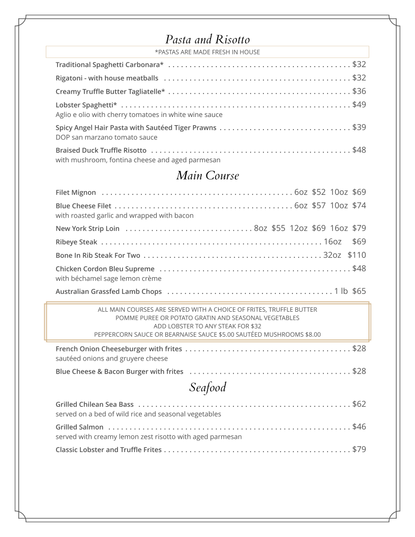 Menu, L'avenue on Parliament