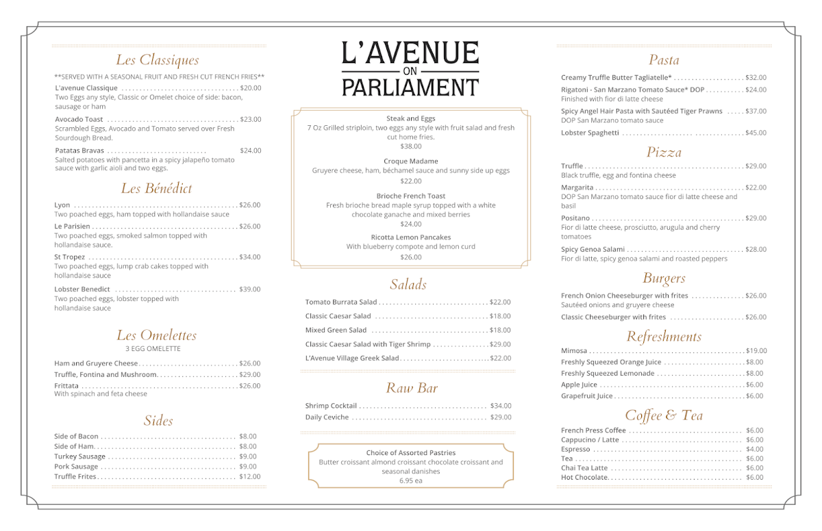 Menu, L'avenue on Parliament