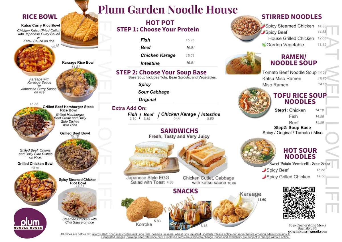 Menu, Plum Garden & CHAKURA