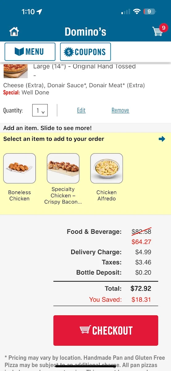 Menu, Domino's Pizza