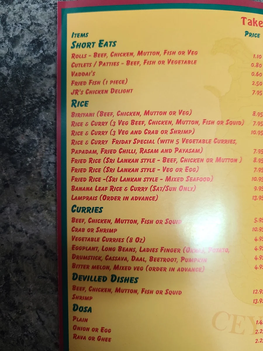 Menu, J.R Taste Of Ceylon