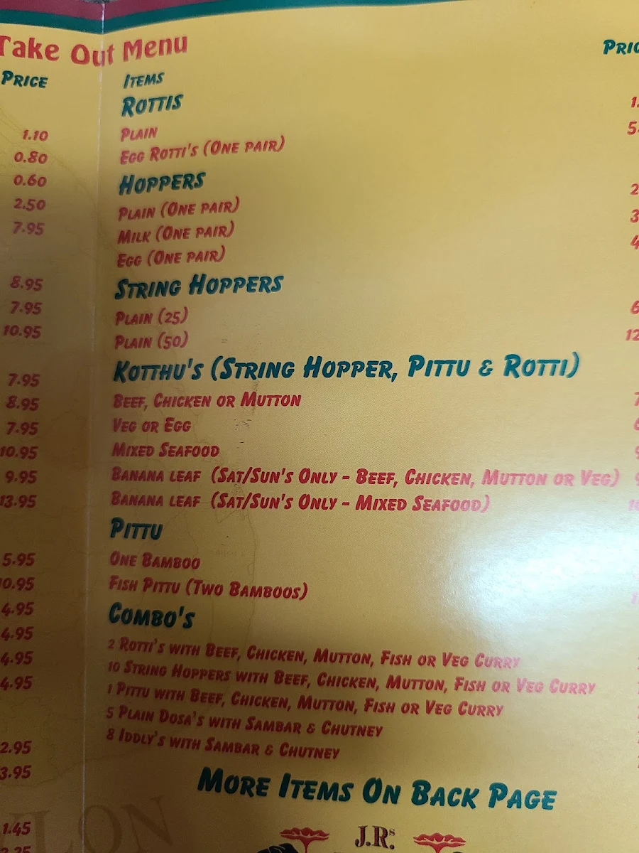 Menu, J.R Taste Of Ceylon