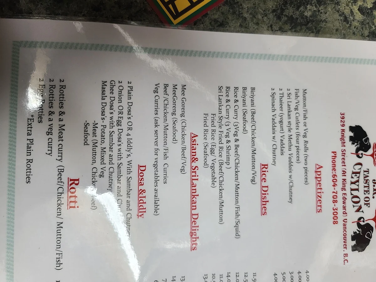 Menu, J.R Taste Of Ceylon