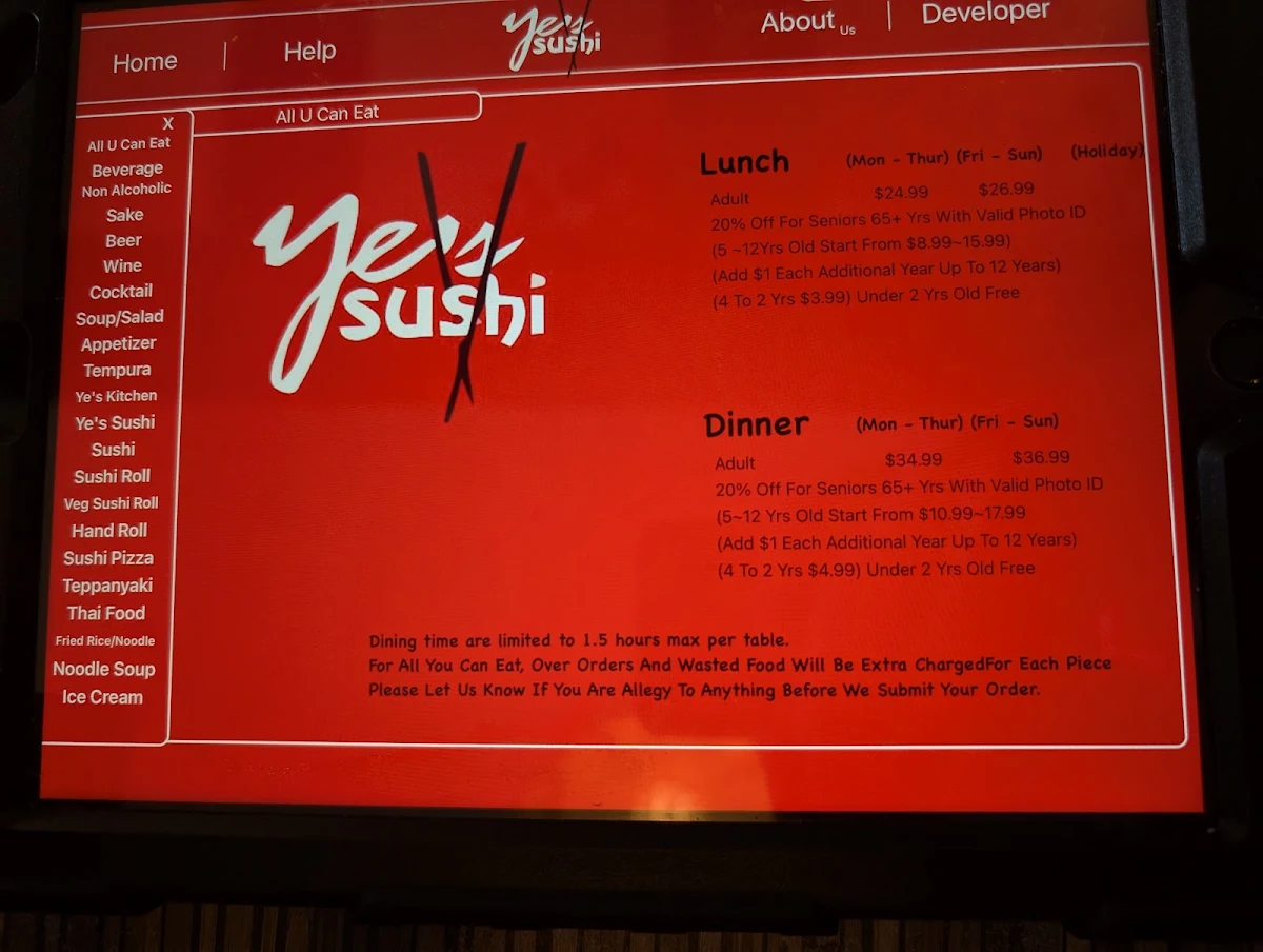 Menu, Ye's Sushi
