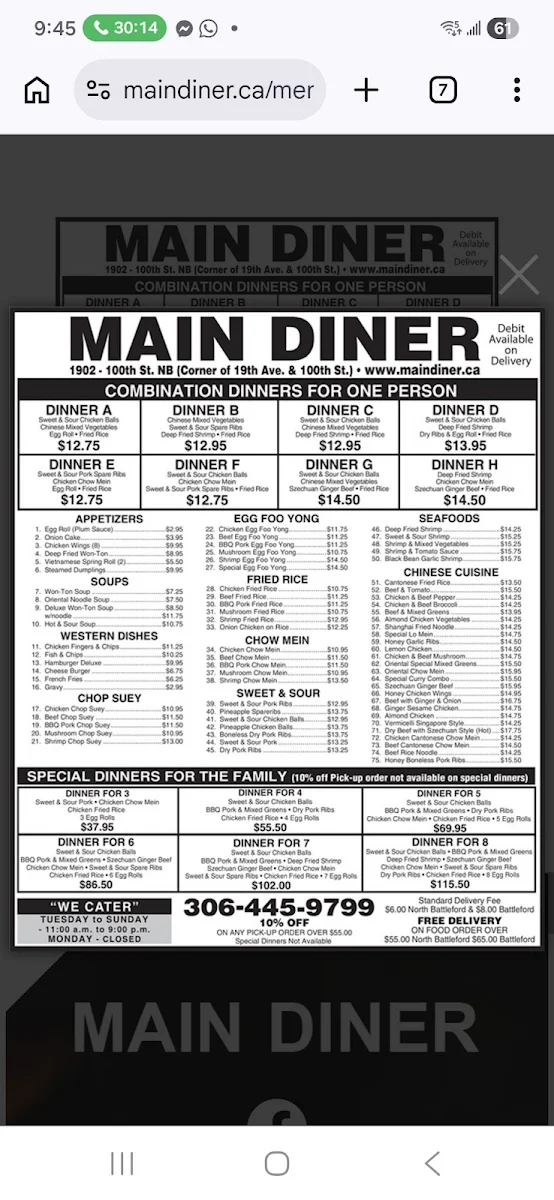 Menu, Main Diner Restaurant