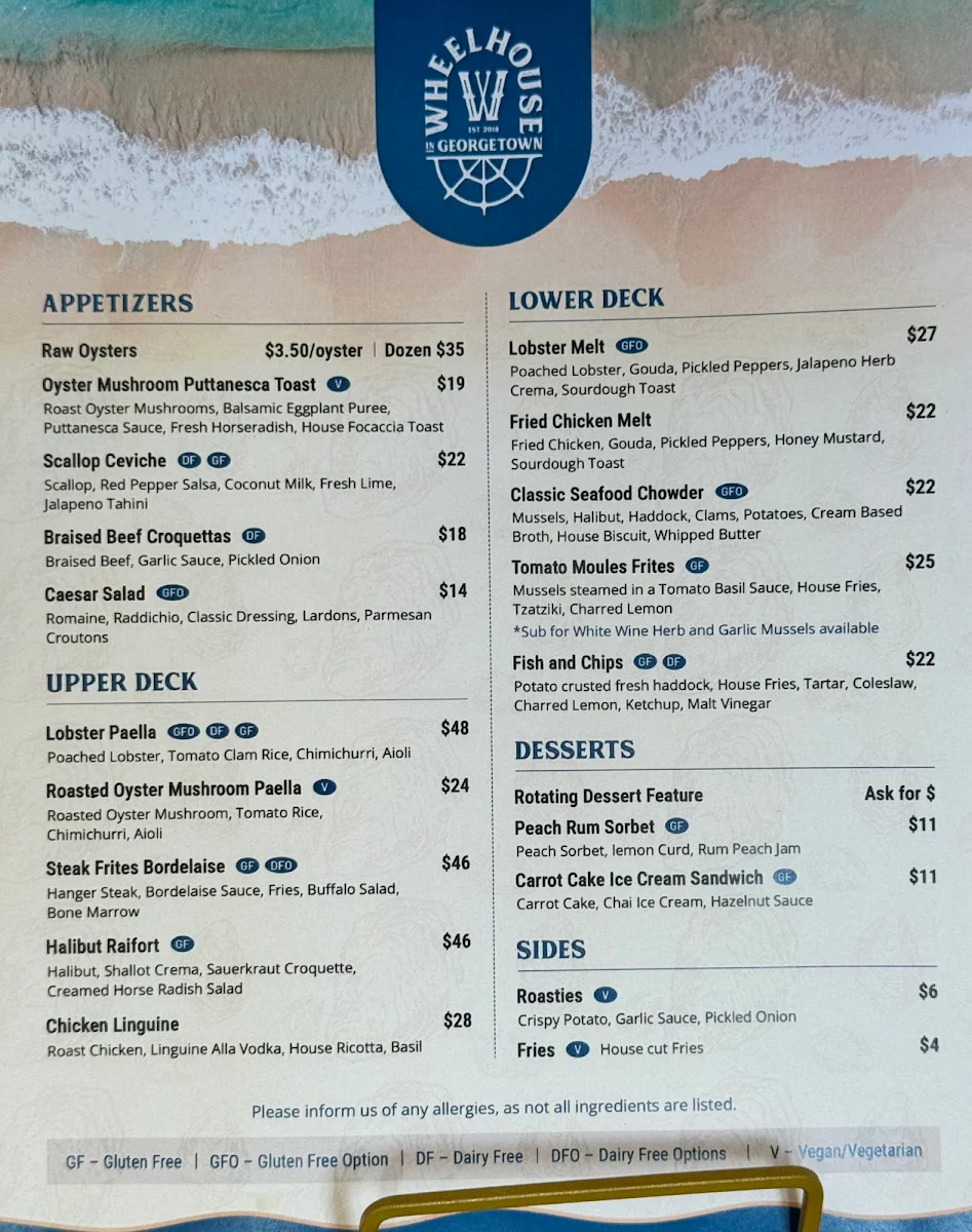 Menu, Wheelhouse In Georgetown