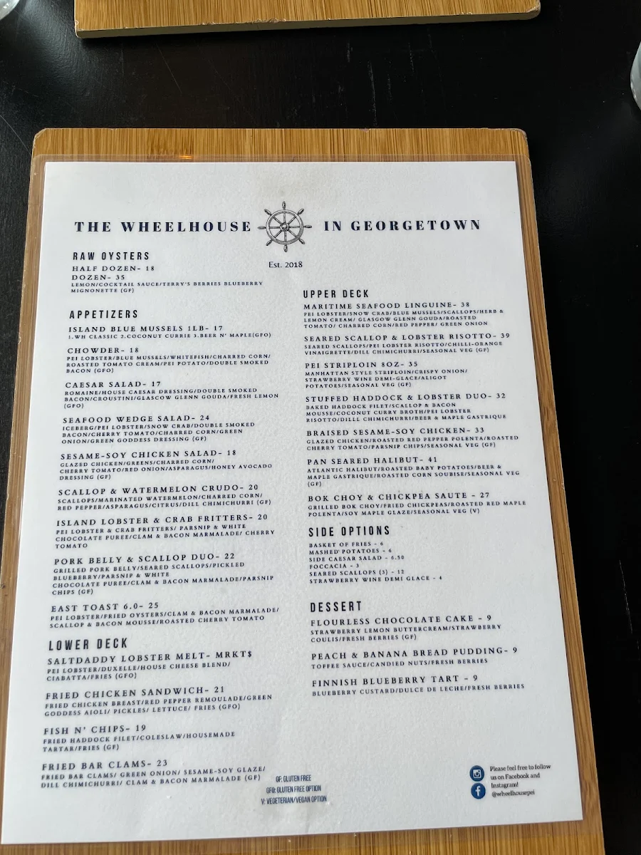 Menu, Wheelhouse In Georgetown