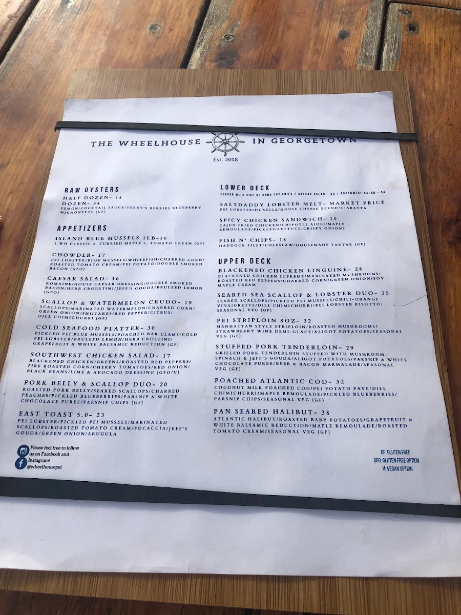 Menu, Wheelhouse In Georgetown