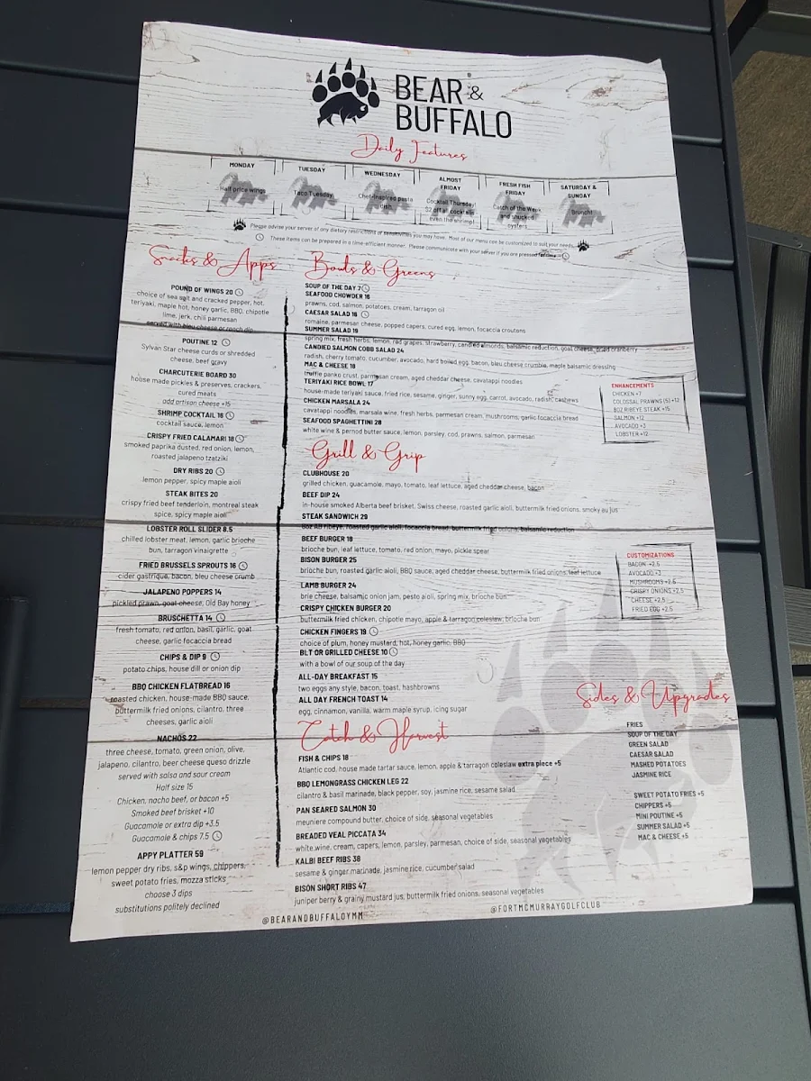 Menu, Bear & Buffalo Bar / Restaurant