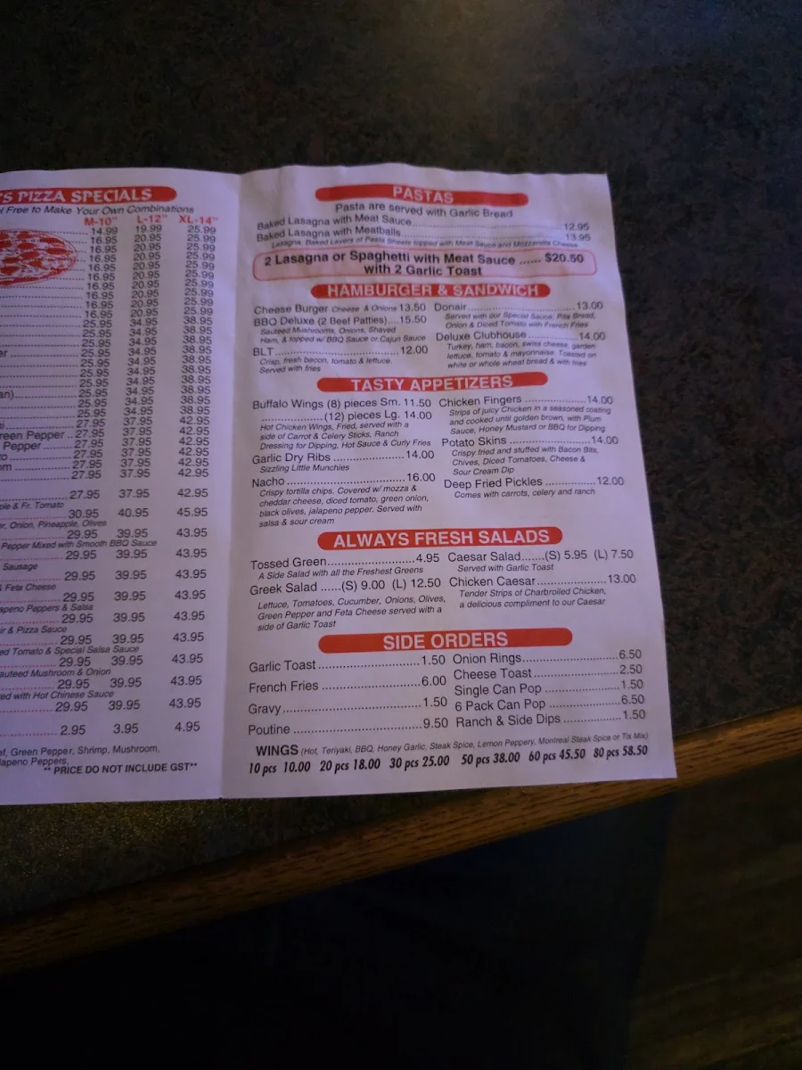 Menu, Maxim's Pizza