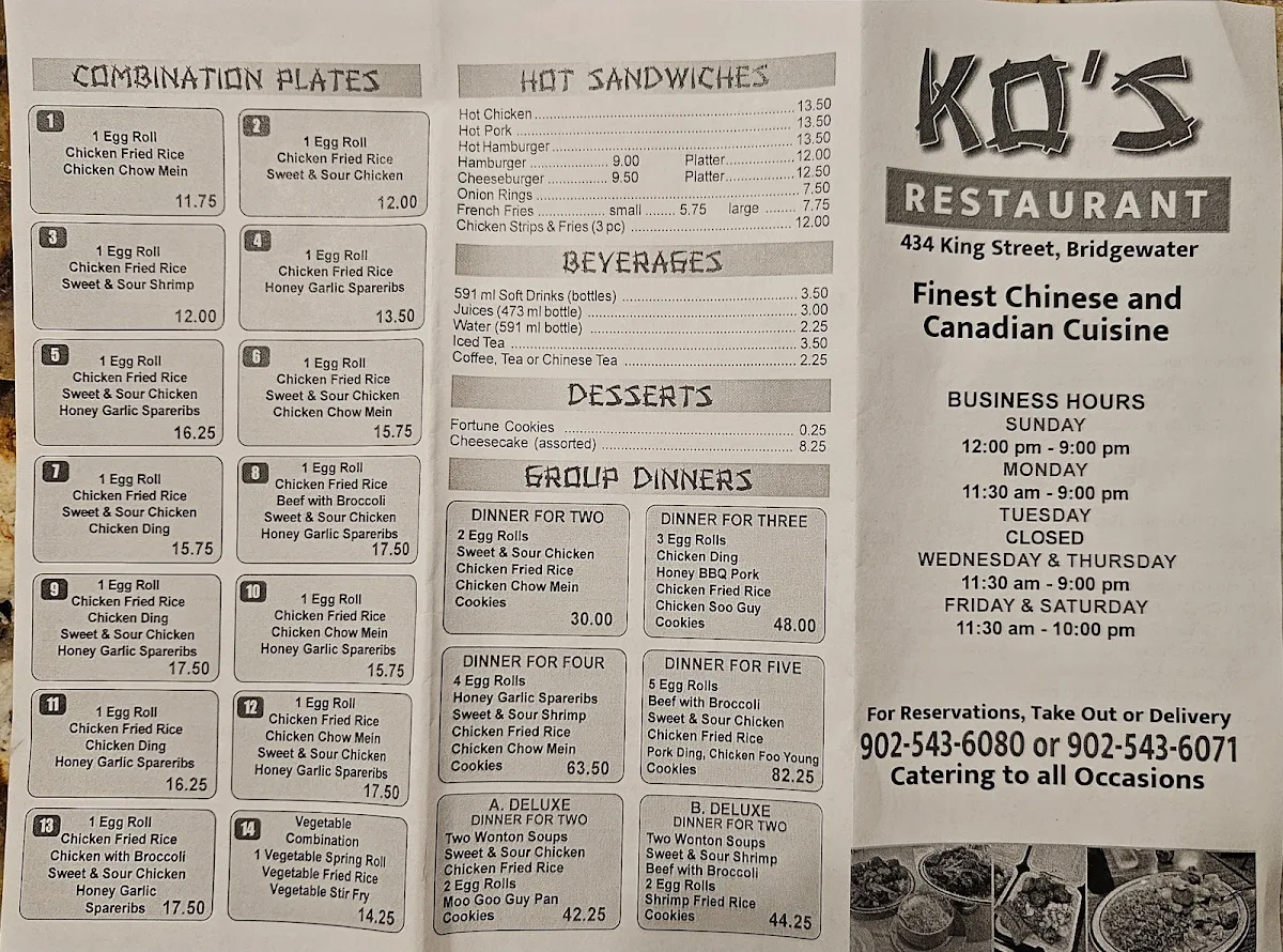 Menu, Ko's Chinese Restaurant