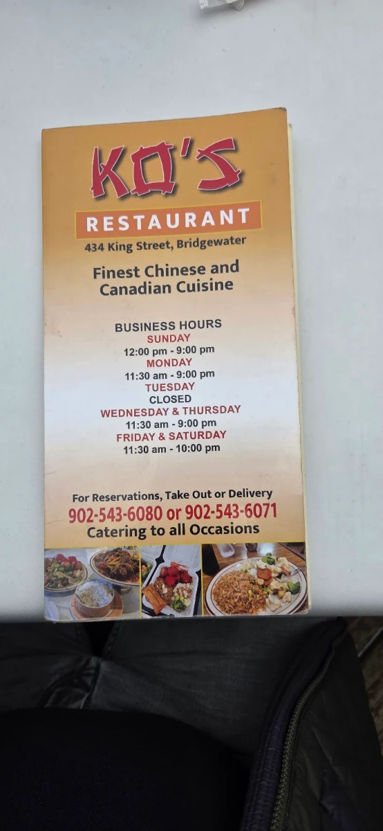 Menu, Ko's Chinese Restaurant