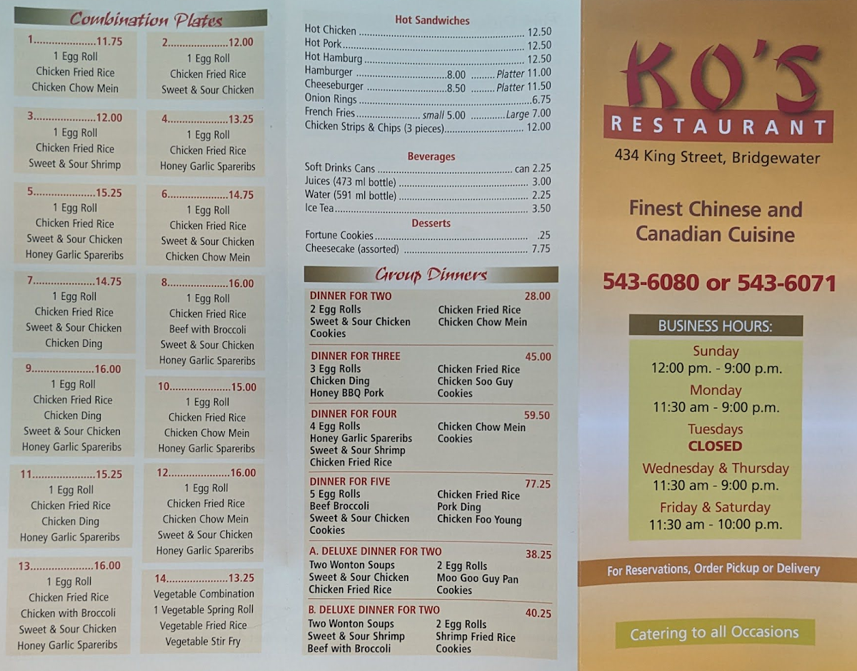Menu, Ko's Chinese Restaurant