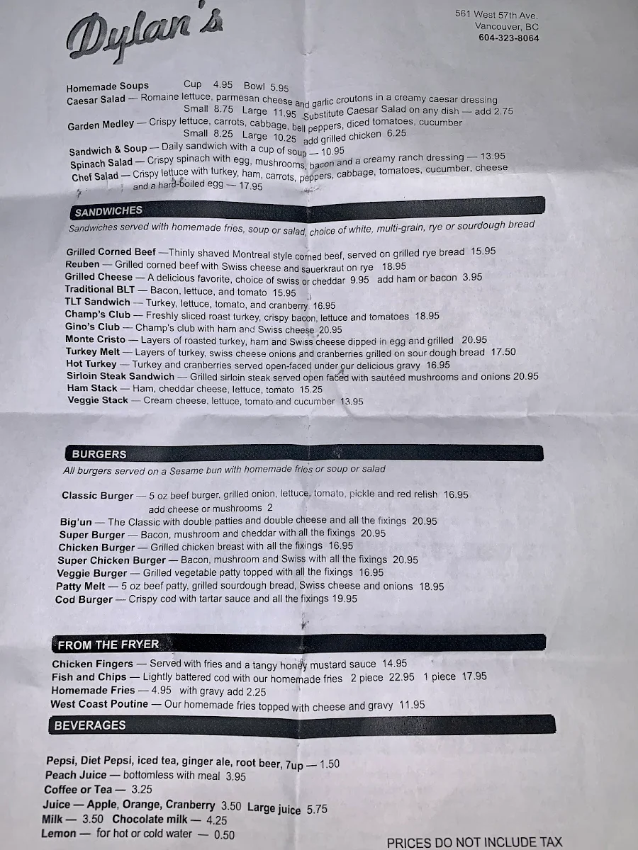 Menu, Dylan's