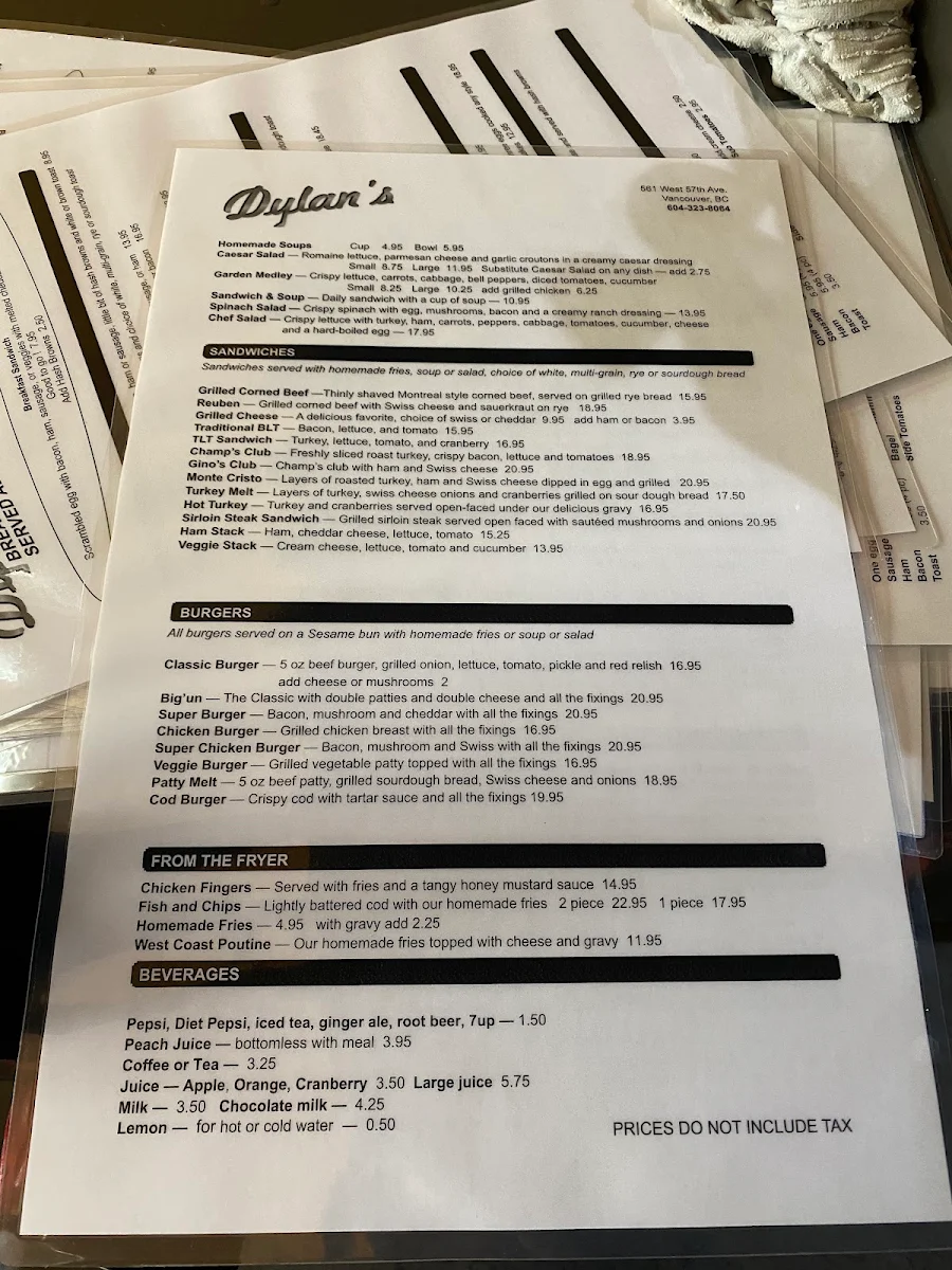 Menu, Dylan's