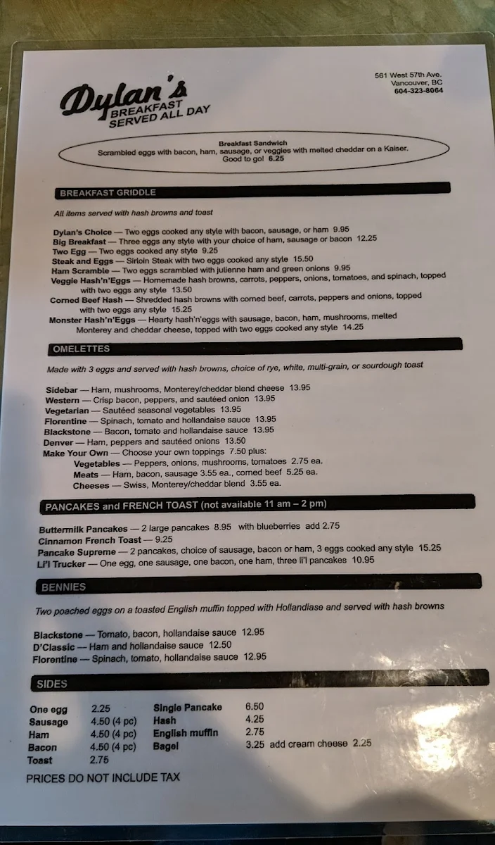 Menu, Dylan's