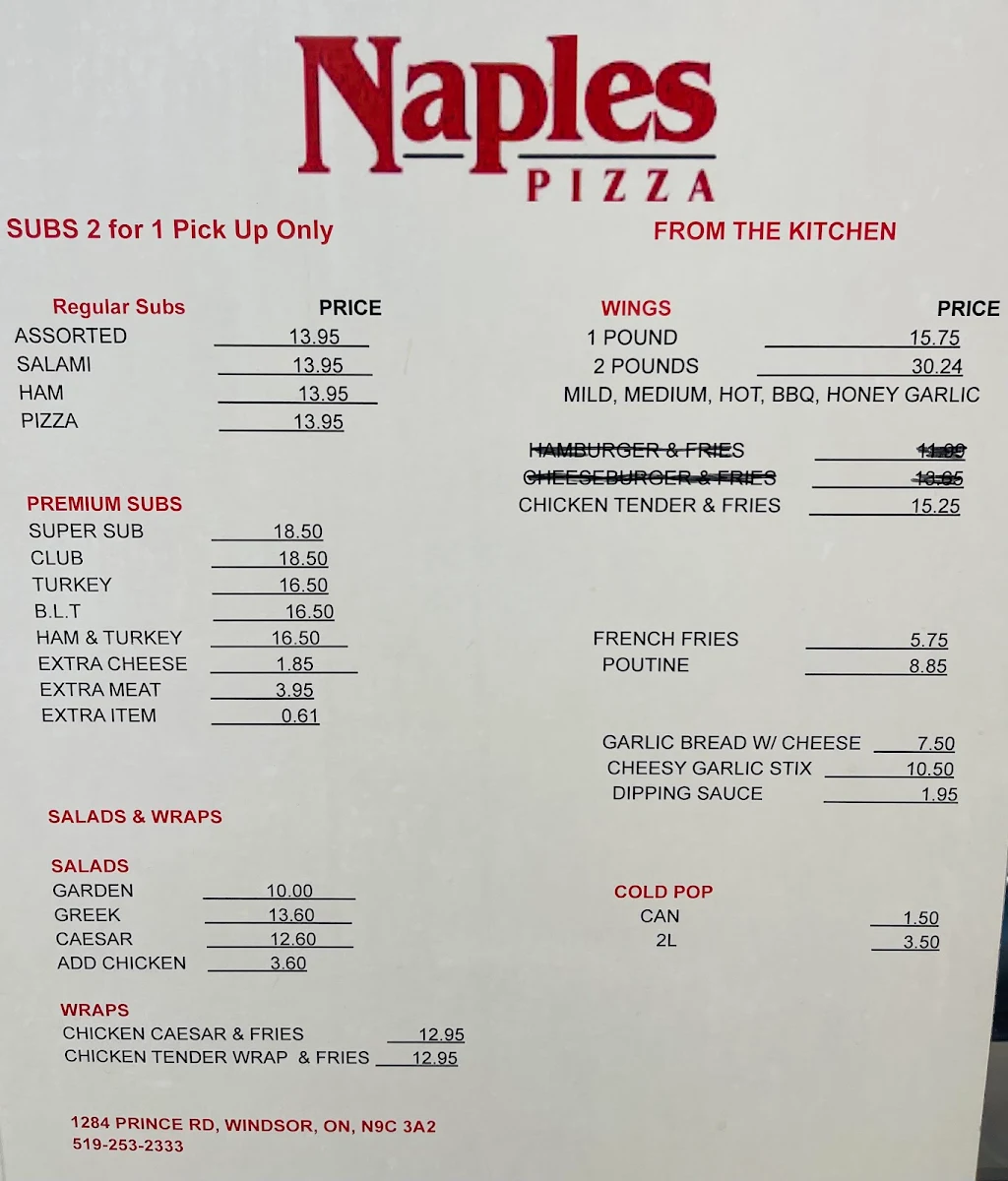 Menu, Naples Pizza