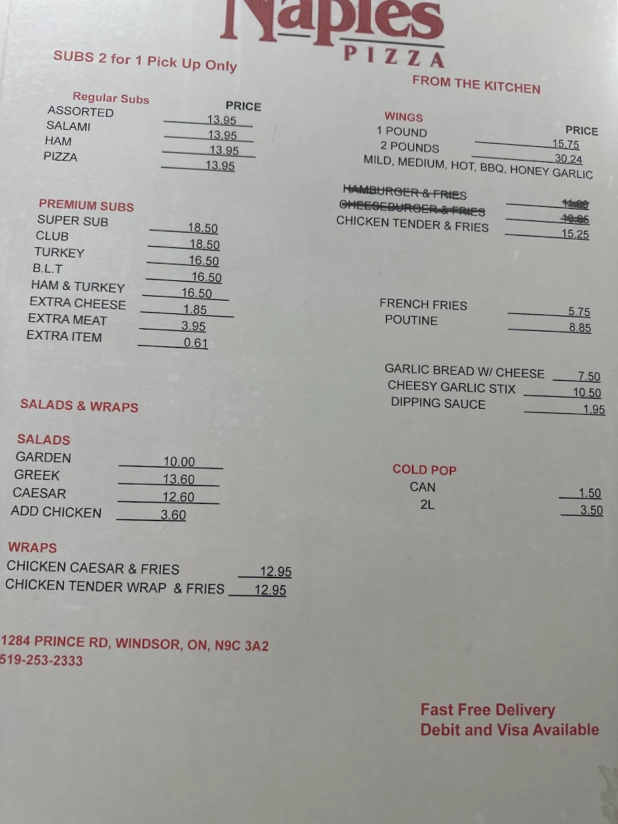 Menu, Naples Pizza