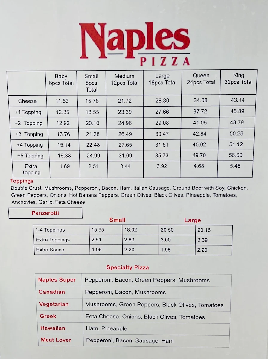 Menu, Naples Pizza