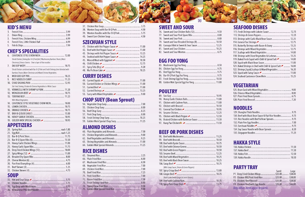 Menu, Golden Wok