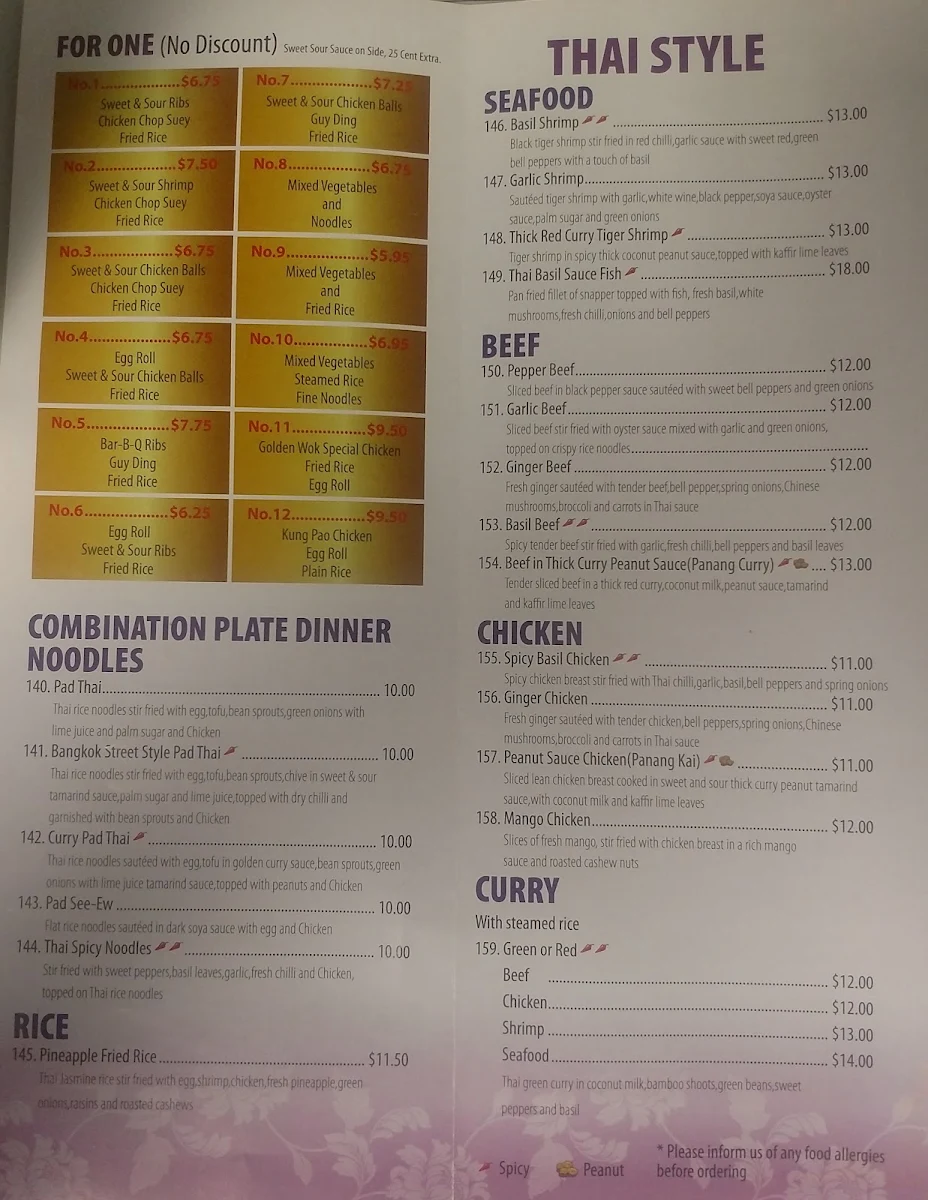 Menu, Golden Wok