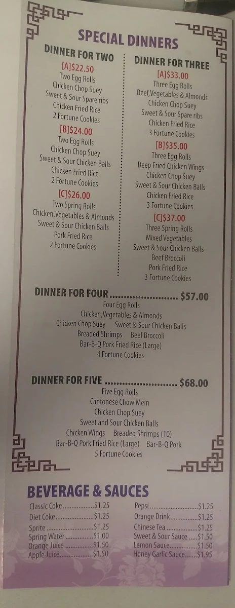 Menu, Golden Wok