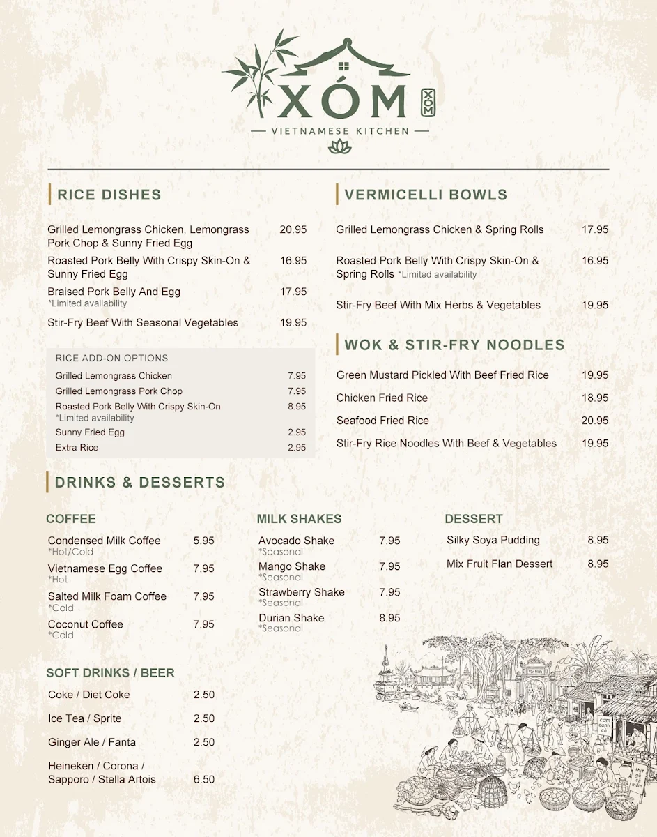 Menu, XOM Vietnamese Kitchen