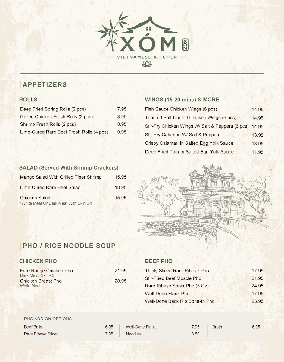 Menu, XOM Vietnamese Kitchen