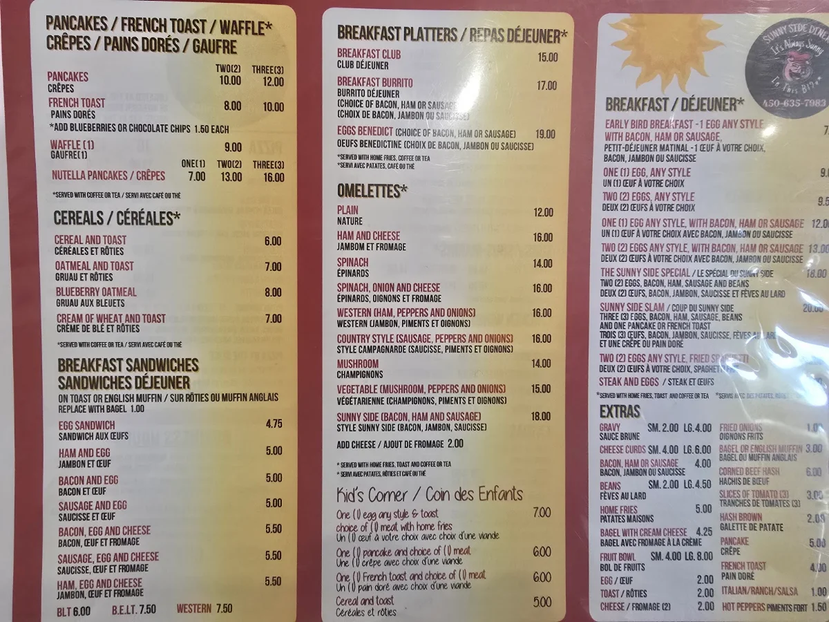 Menu, SunnySide Diner