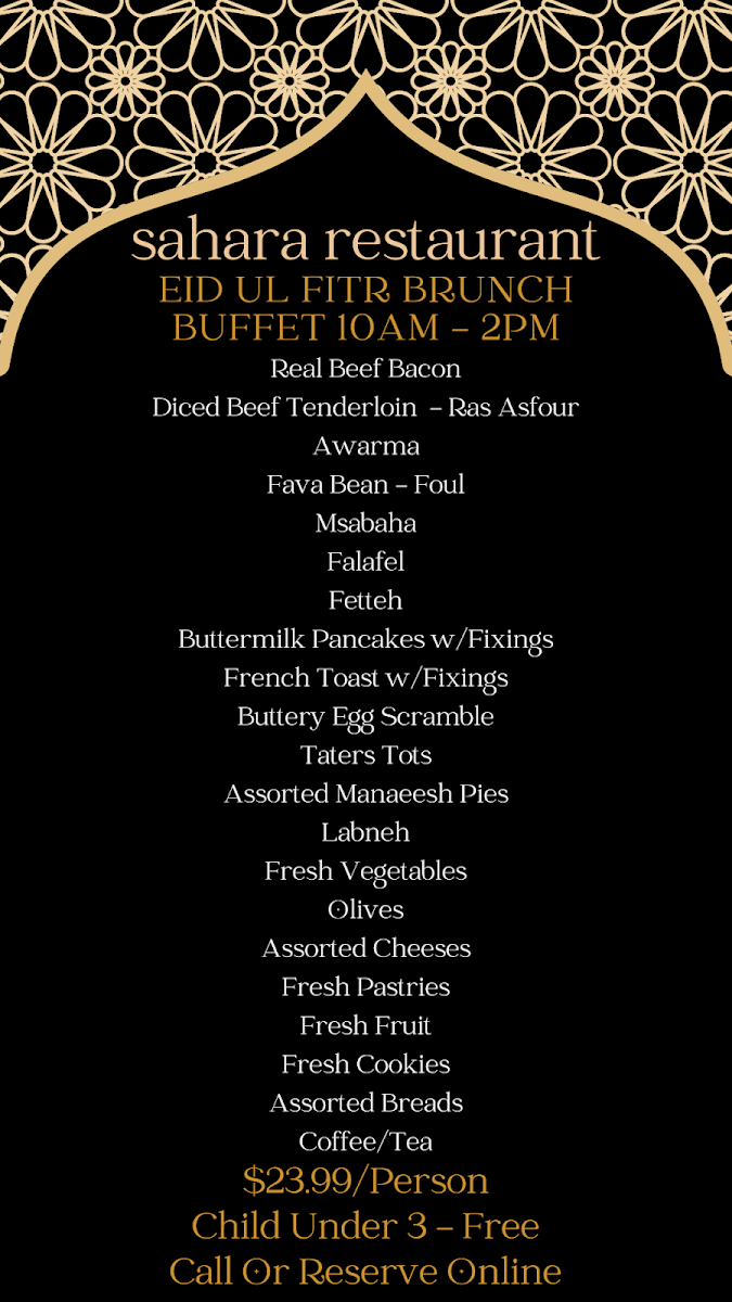 Menu, Sahara Mediterranean Restaurant
