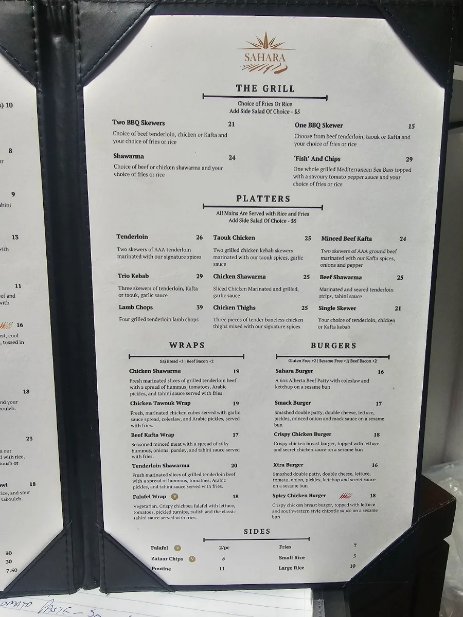 Menu, Sahara Mediterranean Restaurant