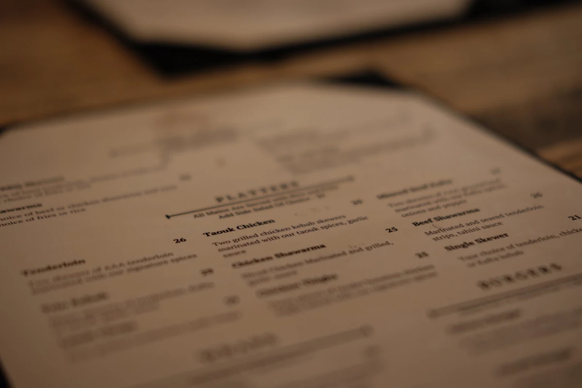 Menu, Sahara Mediterranean Restaurant
