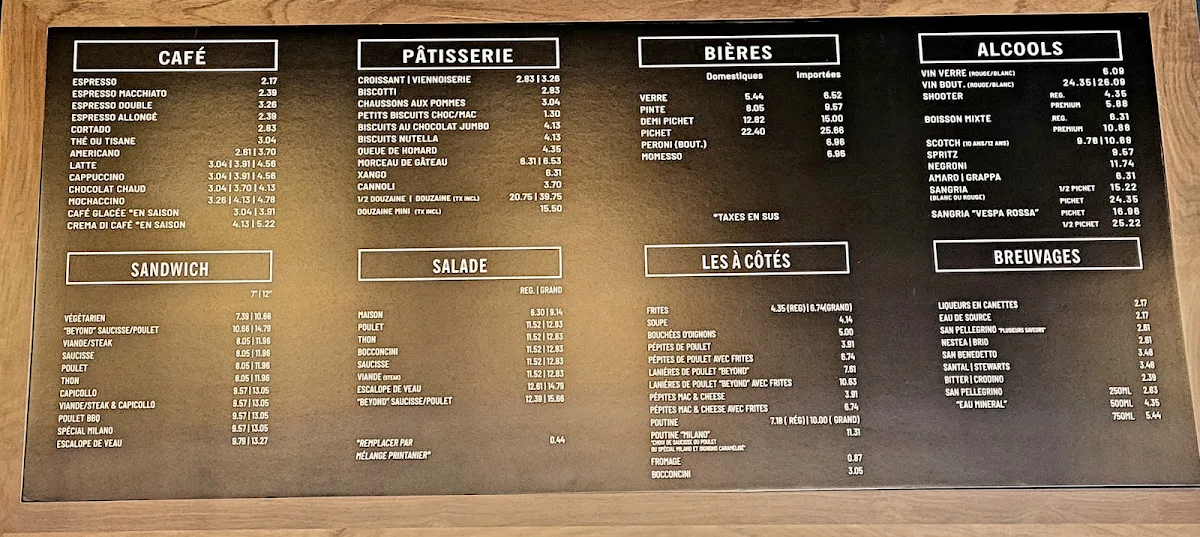Menu, Cafe Milano West Island
